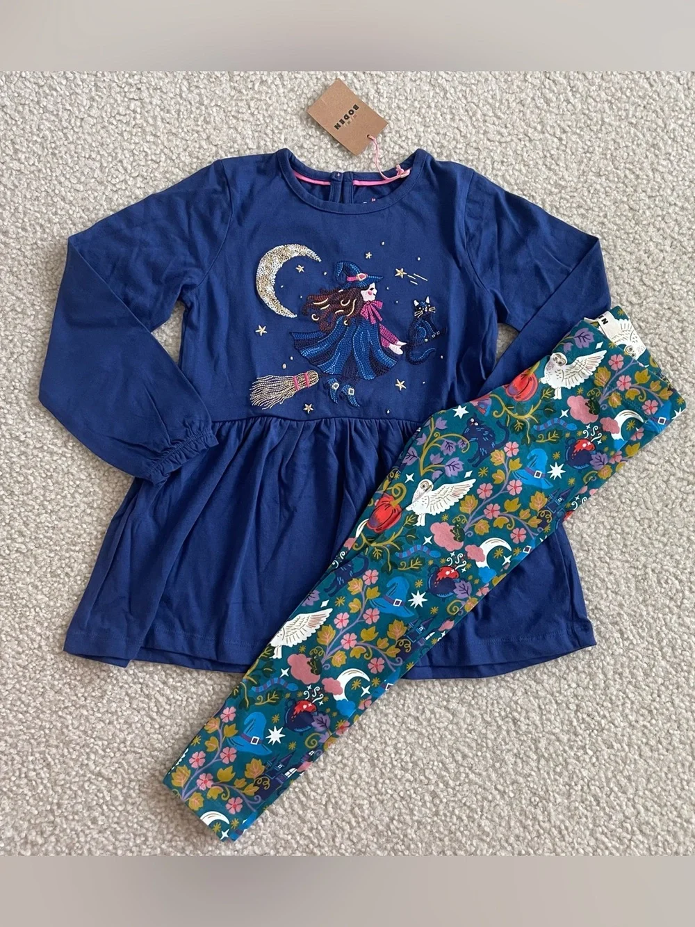 NWT Mini Boden Girls 2pc Tunic & Leggings Set Witch Halloween Blue 5-6y
